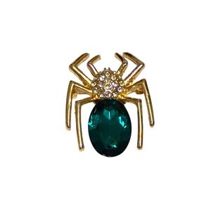 Green Spider Brooch with Clear Rhinestone